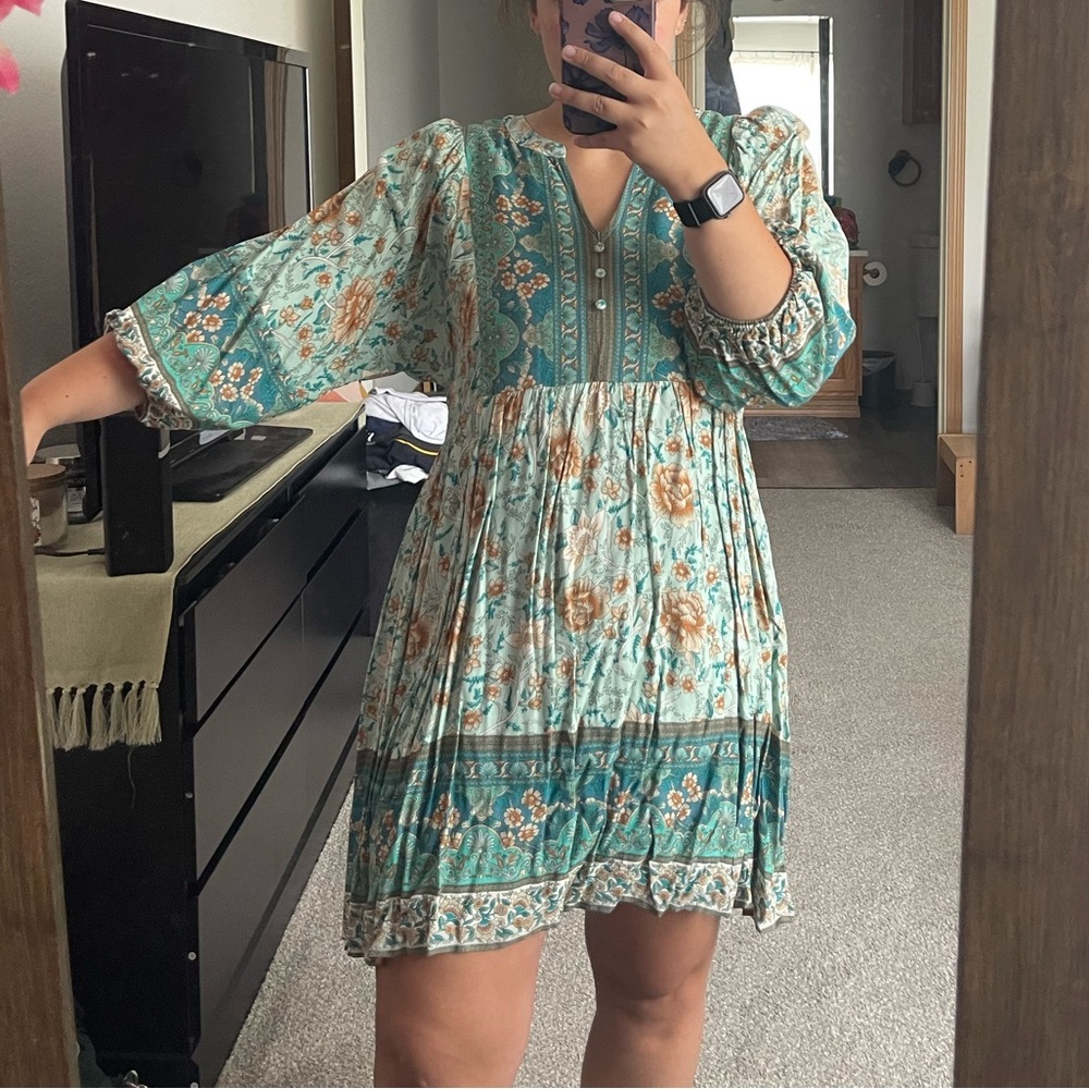 JODIFL Teal and Orange Floral Long Sleeve Dress